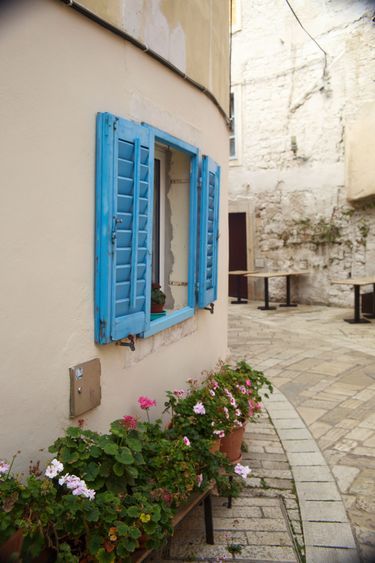 Ein blauer Fensterladen in der Altstadt