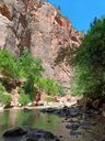 Am Wanderweg zu den Narrows im Zion Nationalpark. Links und rechts senkrechte, rote Felswände, in der Mitte ein kleiner Bach.